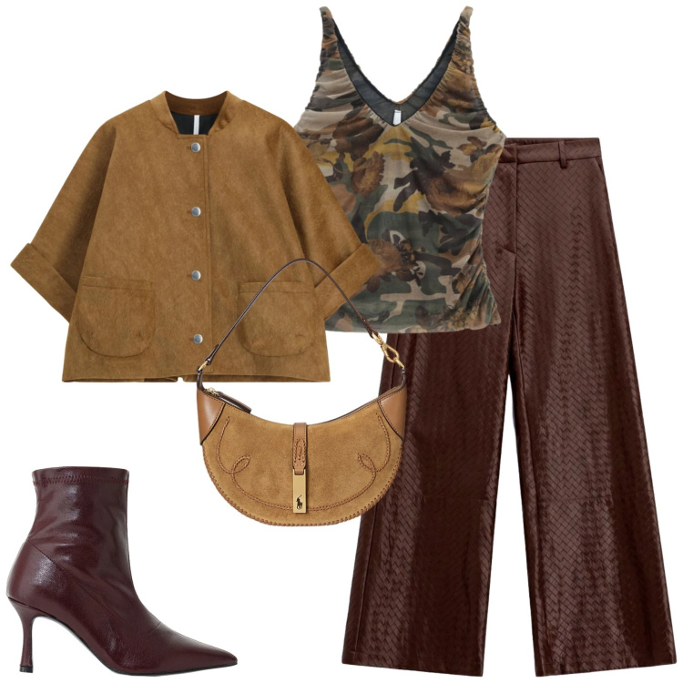 Outfit donna - Imperial. Stile Urban per Tutti i giorni. Abbinamento con pantaloni a palazzo, stivaletti, blazer, top, borse a spalla.