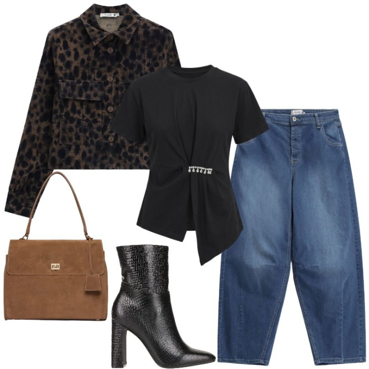 Outfit donna - La scelta perfetta per l\'autunno. Stile Trendy per Serata fuori. Abbinamento con stivaletti, jeans, cappotti, borse a mano, t-shirt.