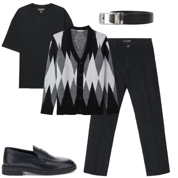 Outfit uomo - Ottobre. Stile Urban per Tutti i giorni. Abbinamento con cinture, cardigans, t-shirt, pantaloni chino, scarpe stringate.