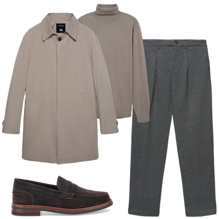 Outfit uomo - Fall. Stile Urban per Tutti i giorni. Abbinamento con trench, maglieria, pantaloni chino, scarpe stringate.