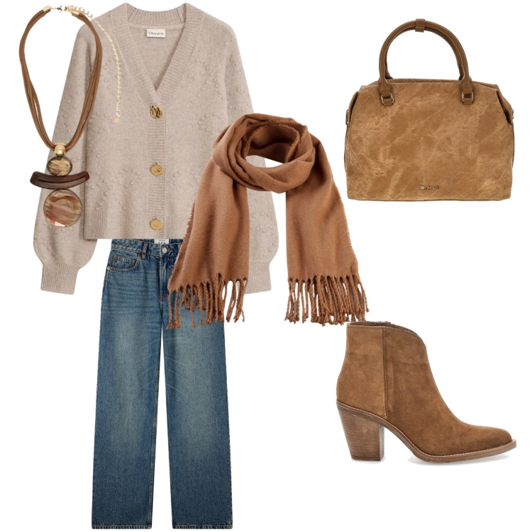Outfit donna - Passeggiata autunnale. Stile Casual per Tutti i giorni. Abbinamento con ciondoli, jeans, borse a tracolla, sciarpe, stivaletti, cardigans.