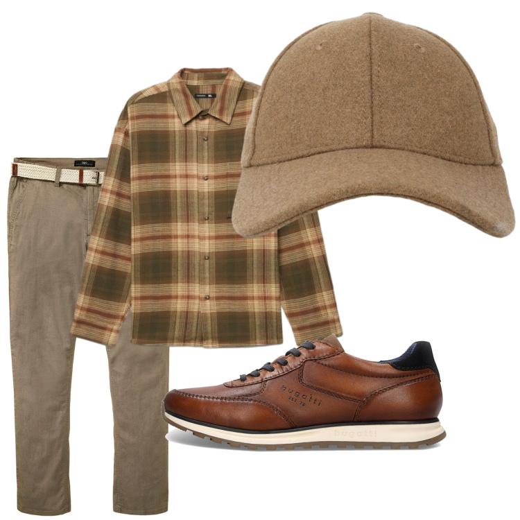 Outfit uomo - Passeggiando. Stile Casual per Tutti i giorni. Abbinamento con camicie, cappelli con visiera, pantaloni chino, sneakers.