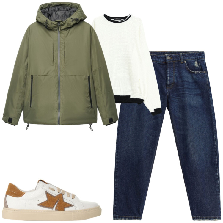 Outfit uomo - Ottobre. Stile Casual per Tutti i giorni. Abbinamento con jeans, maglieria, sneakers, giacche.
