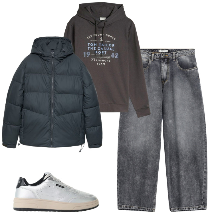 Outfit uomo - Total look #2489341. Stile Casual per Tutti i giorni. Abbinamento con jeans, sneakers, piumini, felpe con cappuccio.