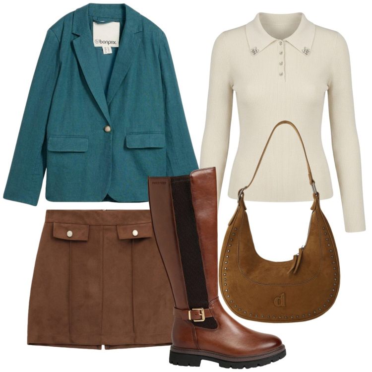Outfit donna - Gilmore Style: autumn edition. Stile Basic per Tutti i giorni. Abbinamento con minigonne, borse a spalla, maglieria, stivali, blazer.