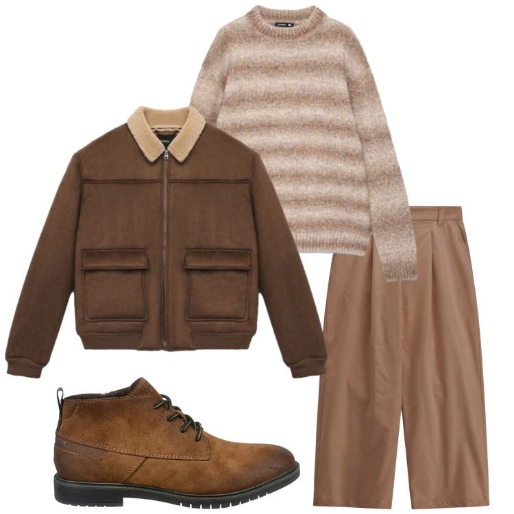 Outfit uomo - Colori della terra. Stile Trendy per Tutti i giorni. Abbinamento con pantaloni, maglieria, giacche, scarpe stringate.