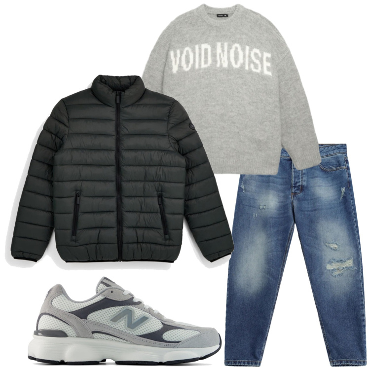 Outfit uomo - Casual style. Stile Casual per Tutti i giorni. Abbinamento con jeans strappati, maglieria, piumini, sneakers.