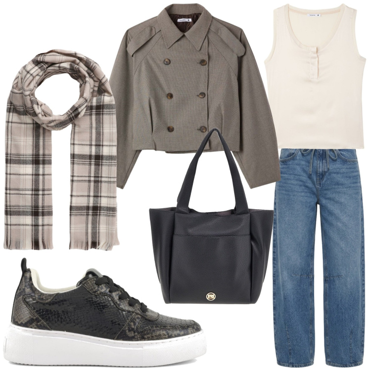 Outfit donna - Urban Chic Neutrale. Stile Casual per Tutti i giorni. Abbinamento con sciarpe, jeans, caban, canottiere, sneakers, borse a spalla.