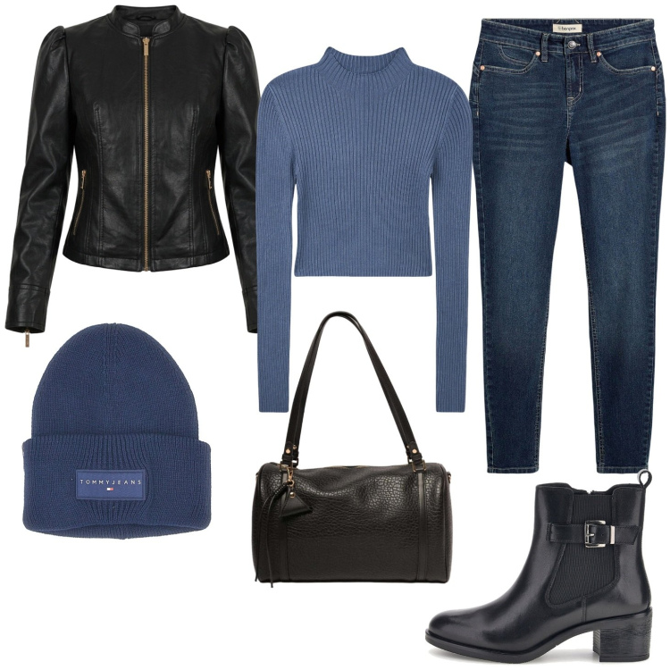 Outfit donna - Lorelai. Stile Casual per Tutti i giorni. Abbinamento con giacche, borse a spalla, pullovers, stivaletti, jeans skinny, cappelli.