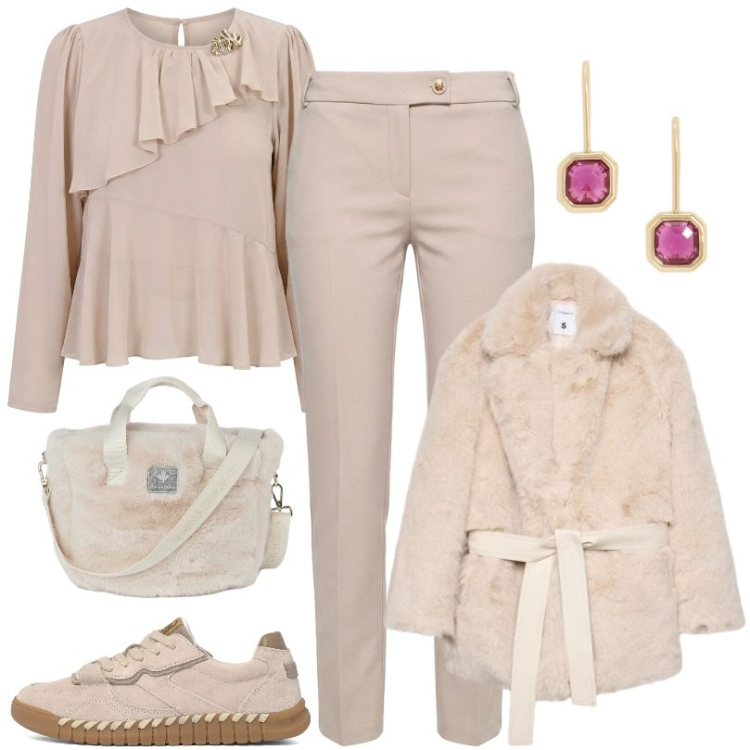 Outfit donna - Toni naturali. Stile Casual per Tutti i giorni. Abbinamento con orecchini, bluse, pantaloni, borse tote, cappotti, sneakers.