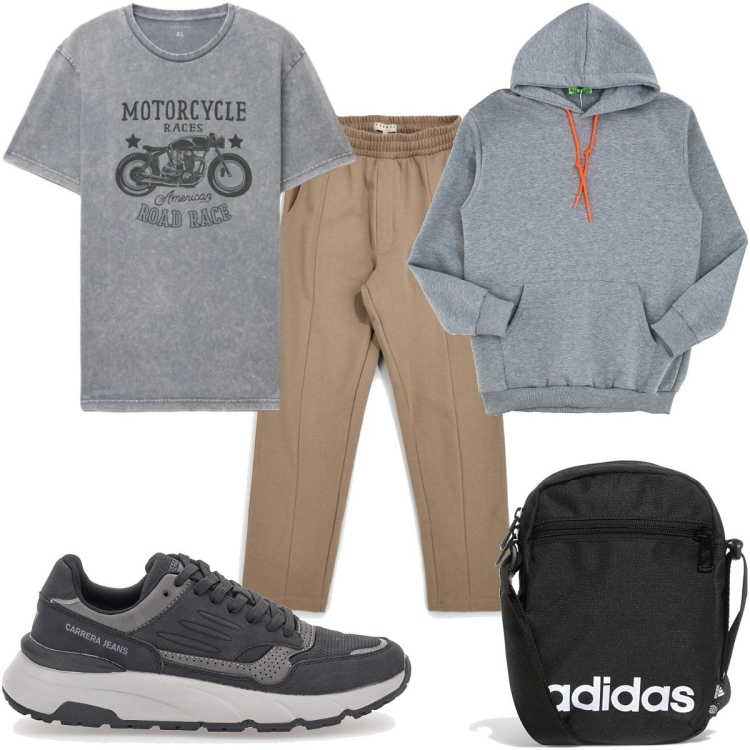 Outfit uomo - Total look #2489369. Stile Trendy per Sport. Abbinamento con t-shirt, felpe con cappuccio, sneakers, borse sportive, pantaloni.
