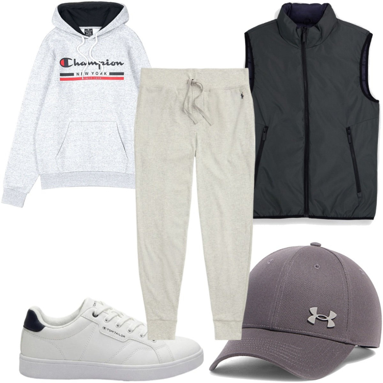 Outfit uomo - Total look #2489370. Stile Casual per Tutti i giorni. Abbinamento con pantaloni, cappelli con visiera, sneakers, piumini, felpe con cappuccio.