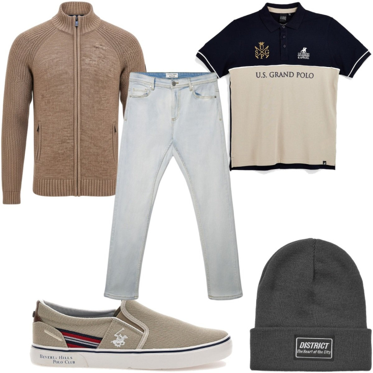 Outfit uomo - Total look #2489372. Stile Casual per Tutti i giorni. Abbinamento con berretti, jeans skinny, pullovers, scarpe stringate, polo.
