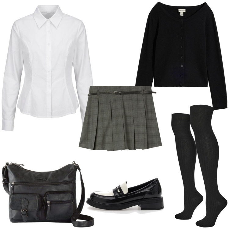 Outfit donna - Rory. Stile Preppy per Scuola/Università. Abbinamento con camicie, minigonne, calzini, borse a tracolla, mocassini, cardigans.