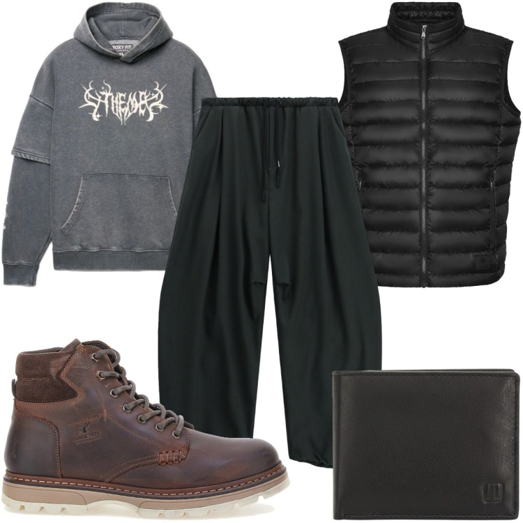 Outfit uomo - Total look #2489374. Stile Casual per Tutti i giorni. Abbinamento con pantaloni, piumini, felpe con cappuccio, anfibi, portafogli.