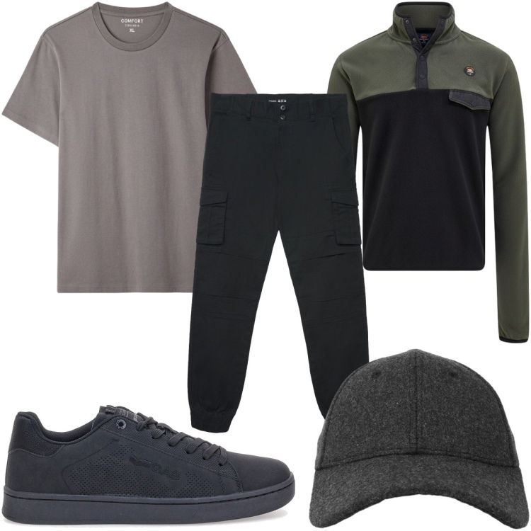 Outfit uomo - Total look #2489377. Stile Casual per Tutti i giorni. Abbinamento con pantaloni cargo, t-shirt, cappelli con visiera, felpe, sneakers.