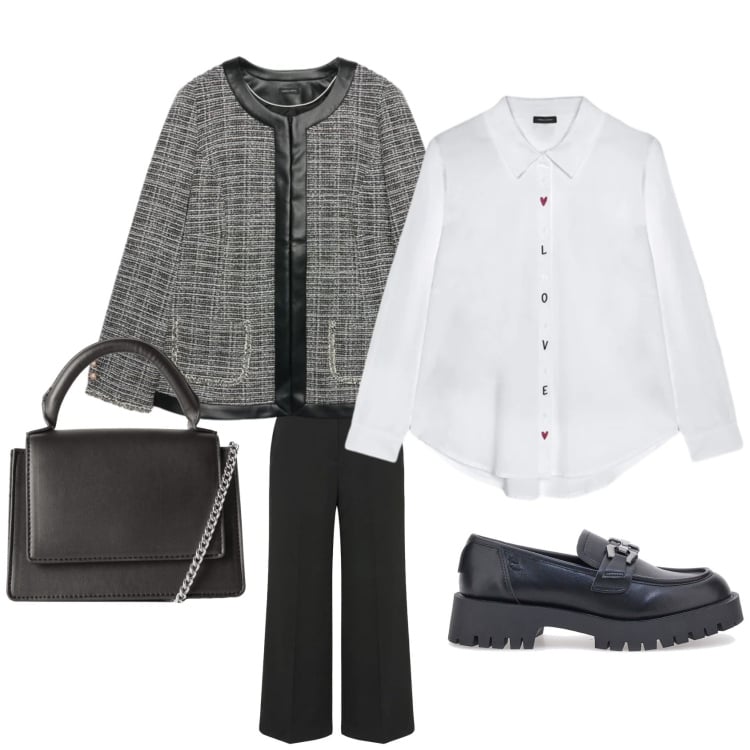 Outfit donna - Ufficio minimal. Stile Bon Ton per Ufficio. Abbinamento con blazer, camicie, pantaloni, borse a tracolla, mocassini.