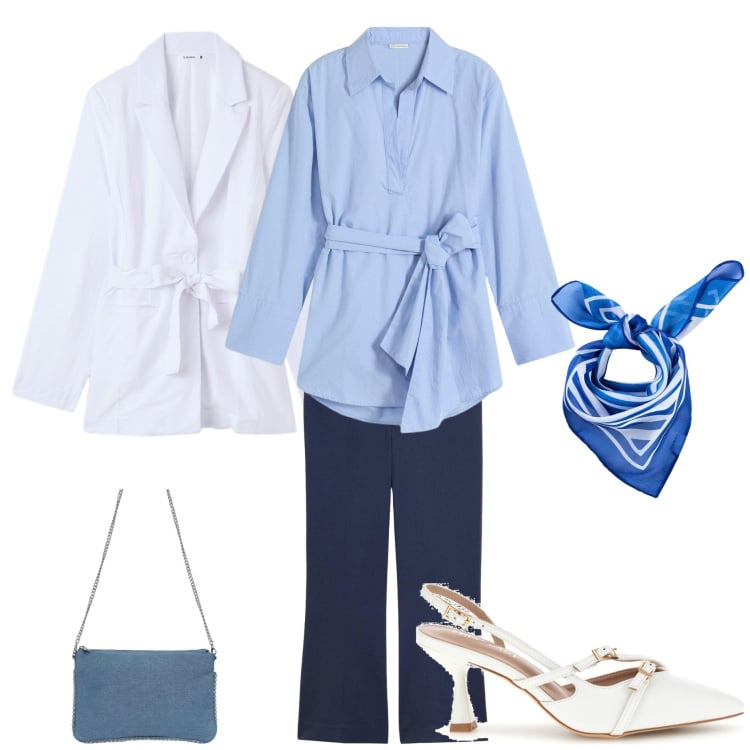 Outfit donna - Ufficio minimal. Stile Bon Ton per Ufficio. Abbinamento con blazer, borse a tracolla, décolleté, foulard, pantaloni, camicie.