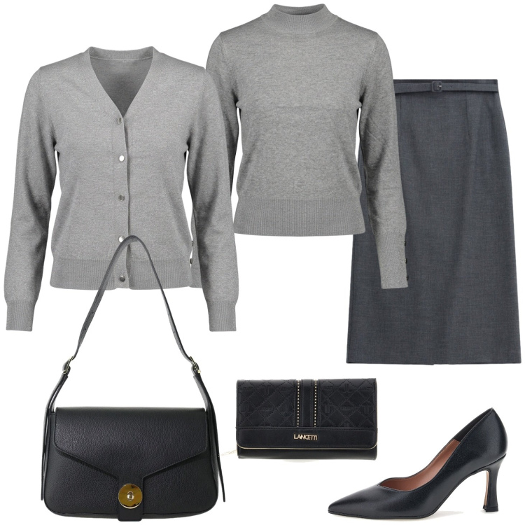 Outfit donna - Emily. Stile Bon Ton per Tutti i giorni. Abbinamento con gonne longuette, borse a spalla, pullovers, cardigans, portafogli, décolleté.