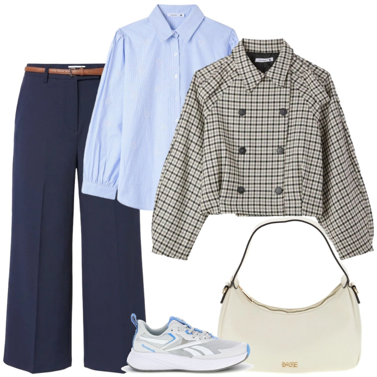 Outfit donna - Movimento. Stile Casual per Tutti i giorni. Abbinamento con caban, pantaloni, camicie, sneakers, borse a tracolla.