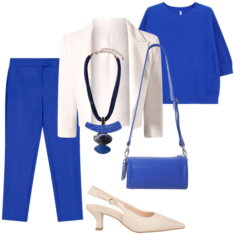 Outfit donna - Congresso. Stile Chic per Ufficio. Abbinamento con borse a tracolla, maglieria, pantaloni, ciondoli, blazer, décolleté.
