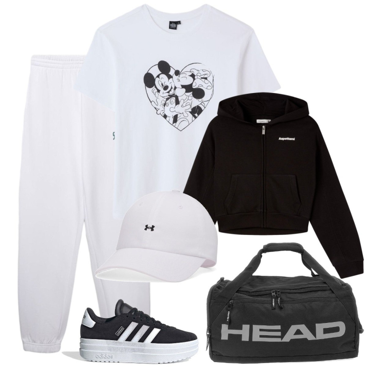 Outfit donna - Vado in palestra. Stile Basic per Sport. Abbinamento con pantaloni, felpe con cappuccio, t-shirt, cappelli con visiera, borse sportive, sneakers.