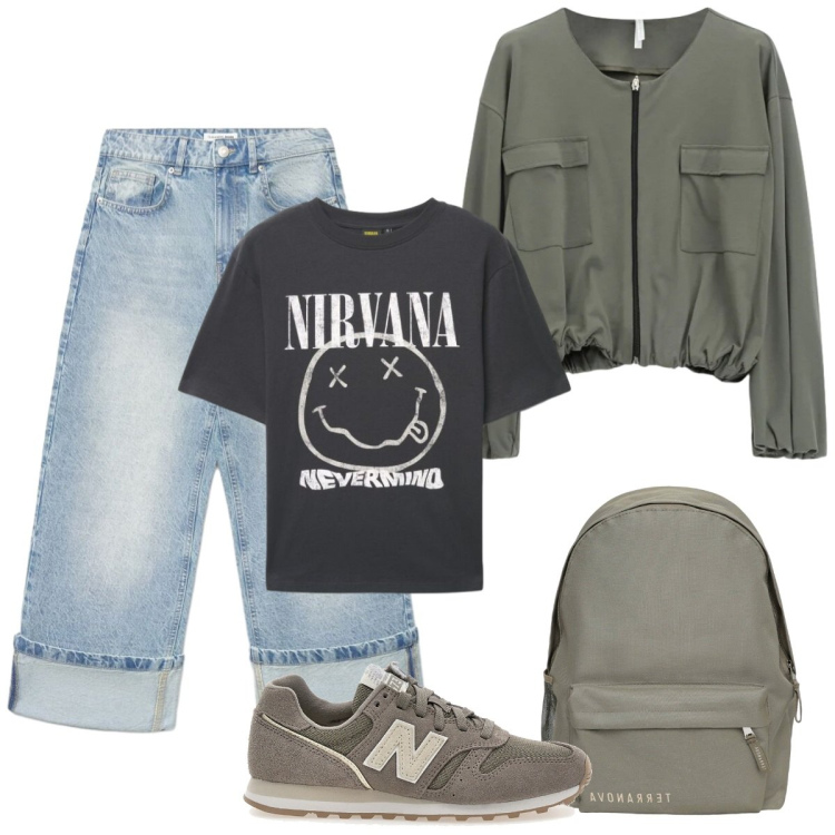 Outfit donna - Scuola/università. Stile Basic per Scuola/Università. Abbinamento con bomber, t-shirt, zaini, jeans, sneakers.