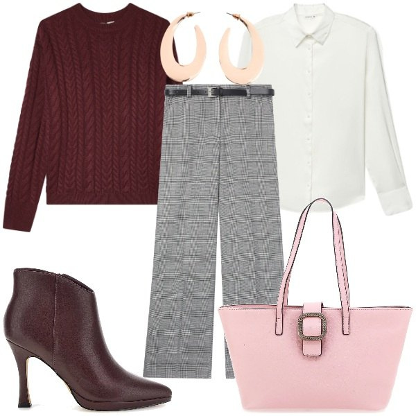 Outfit donna - stile di stagione. Stile Glamour per Tutti i giorni. Abbinamento con maglieria, pantaloni, camicie, borse a spalla, stivaletti, orecchini.