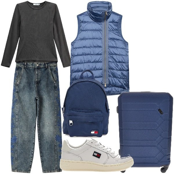 Outfit donna - Viaggiare easy. Stile Urban per Tutti i giorni. Abbinamento con piumini, t-shirt, jeans, zaini, sneakers, valigie.