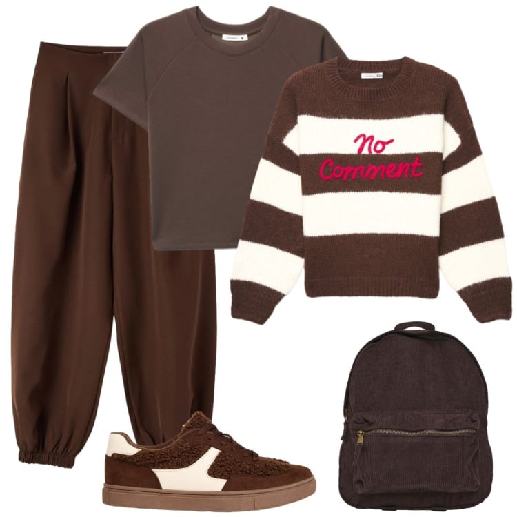 Outfit donna - Scuola/università. Stile Basic per Scuola/Università. Abbinamento con pantaloni, t-shirt, zaini, maglieria, sneakers.