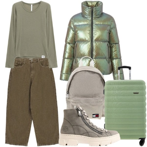 Outfit donna - Viaggiare easy. Stile Urban per Tutti i giorni. Abbinamento con maglieria, jeans, piumini, stivaletti, zaini, valigie.