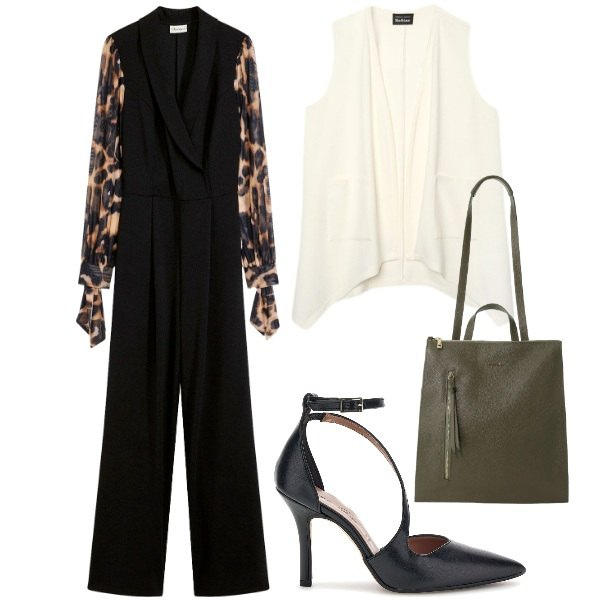 Outfit donna - Serata e cena fuori. Stile Chic per Serata fuori. Abbinamento con borse a tracolla, gilet, tute, décolleté.