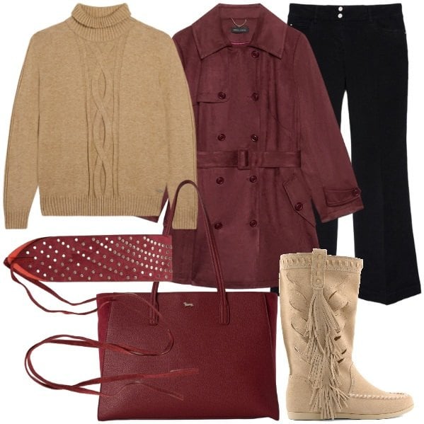 Outfit donna - Prezzi speciali Mid Season. Stile Glamour per Tutti i giorni. Abbinamento con shopping bag, jeans, trench, maglieria, cinture, stivali.