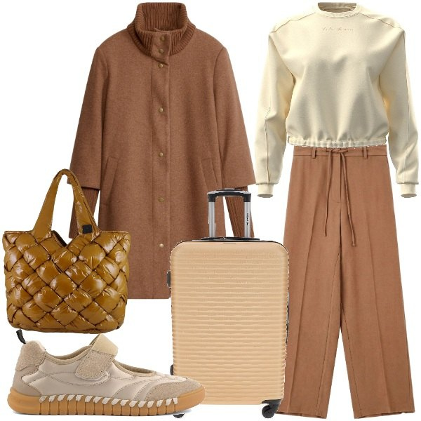 Outfit donna - Viaggiare easy. Stile Urban per Tutti i giorni. Abbinamento con pantaloni a palazzo, borse tote, cappotti, ballerine, felpe, valigie.