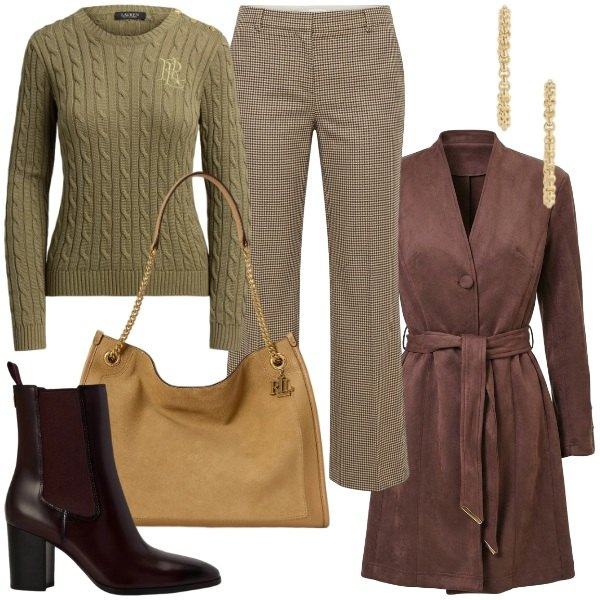 Outfit donna - Mid Season Sale per un look autunnale. Stile Glamour per Tutti i giorni. Abbinamento con pantaloni, stivaletti, borse tote, maglieria, orecchini, trench.