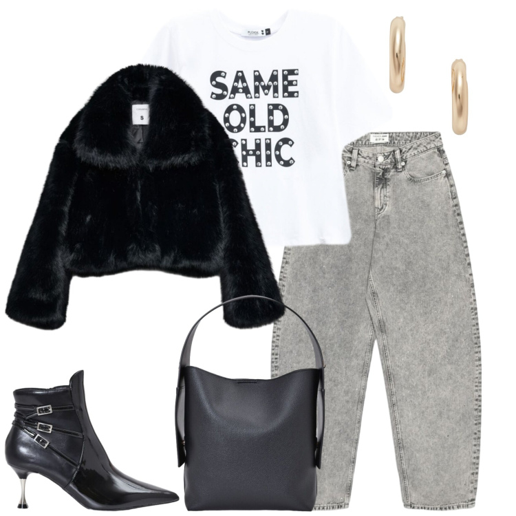 Outfit donna - City. Stile Casual chic per Tutti i giorni. Abbinamento con orecchini, t-shirt, borse a spalla, stivaletti, jeans, blazer.