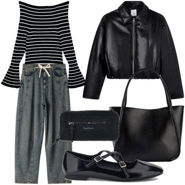 Outfit donna - Si parte. Stile Basic per Tutti i giorni. Abbinamento con maglieria, giacche, jeans, shopping bag, ballerine, portafogli.