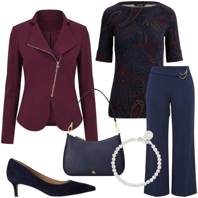 Outfit donna - Riunione di lavoro. Stile Chic per Ufficio. Abbinamento con braccialetti, borse a spalla, t-shirt, décolleté, blazer, pantaloni a palazzo.