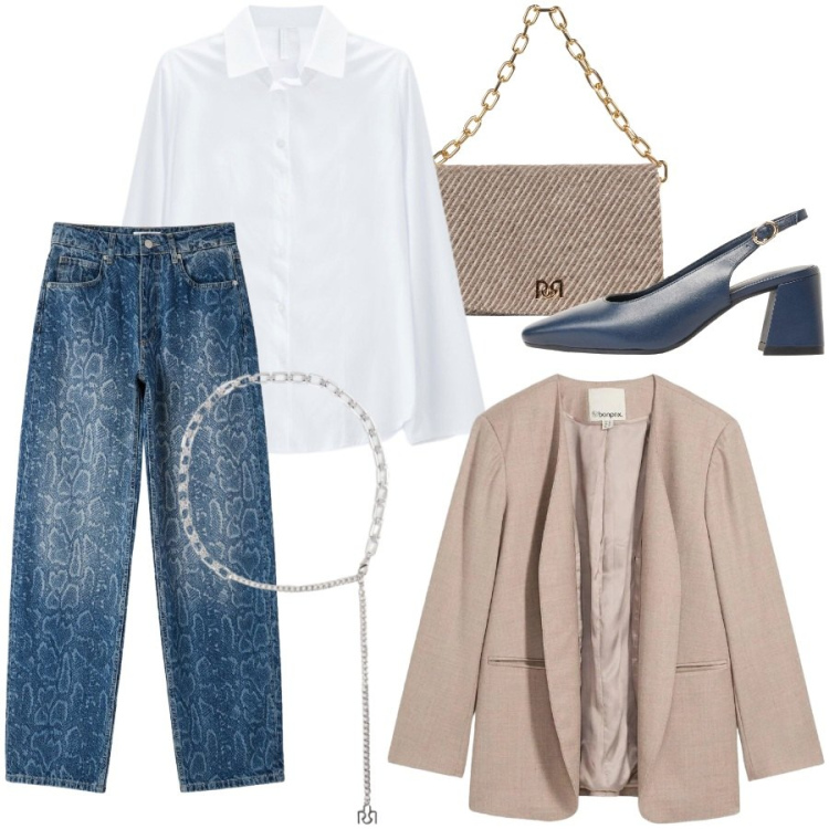 Outfit donna - Giorno di sole. Stile Casual chic per Tutti i giorni. Abbinamento con camicie, cinture, borse a spalla, jeans dritti, blazer, décolleté.