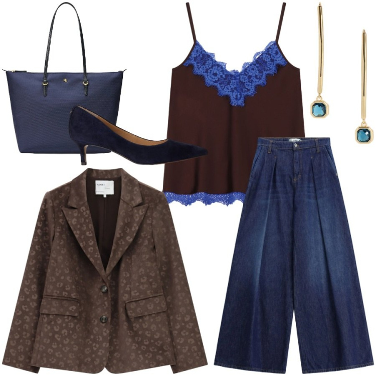 Outfit donna - Total look #2489454. Stile Casual chic per Tutti i giorni. Abbinamento con top, borse tote, orecchini, décolleté, jeans, blazer.