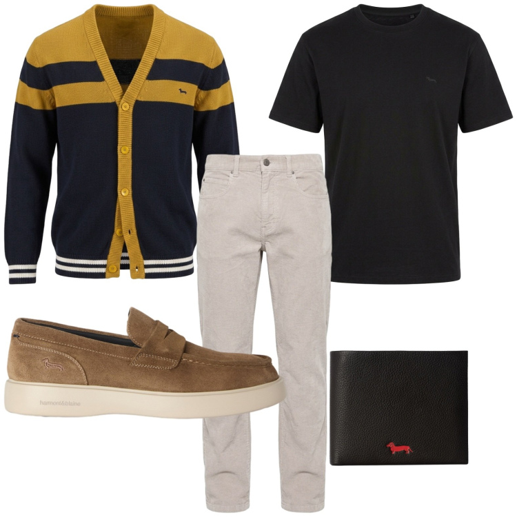 Outfit uomo - The New Everyday - Harmont & Blaine. Stile Casual per Tutti i giorni. Abbinamento con scarpe stringate, cardigans, t-shirt, portafogli, pantaloni.