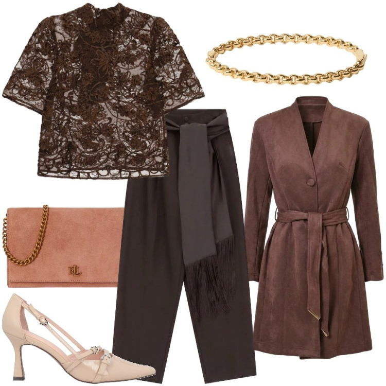 Outfit donna - Vernissage d'arte. Stile Chic per Cerimonia. Abbinamento con top, pantaloni a palazzo, borse a tracolla, braccialetti, trench, décolleté.