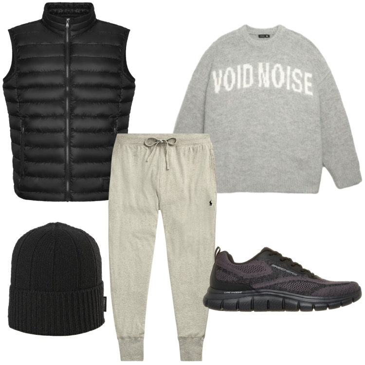 Outfit uomo - Luxury streetwear. Stile Urban per Tutti i giorni. Abbinamento con pantaloni, piumini, berretti, maglieria, sneakers.