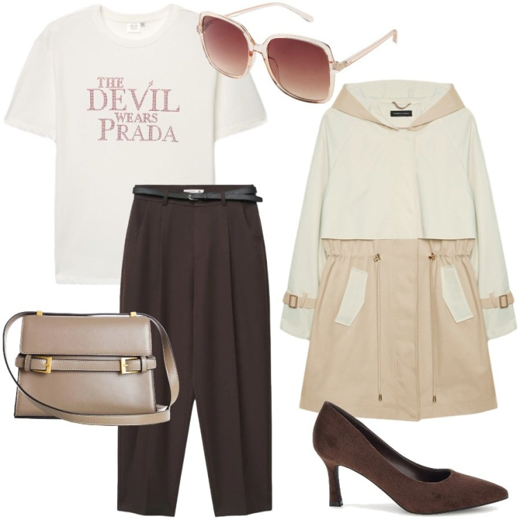 Outfit donna - Total look #2489463. Stile Casual chic per Tutti i giorni. Abbinamento con trench, pantaloni chino, t-shirt, borse a tracolla, occhiali da sole, décolleté.