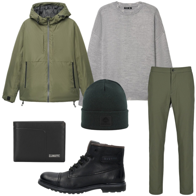 Outfit uomo - Cool e versatile. Stile Casual per Tutti i giorni. Abbinamento con pantaloni, berretti, giacche, maglieria, anfibi, portafogli.