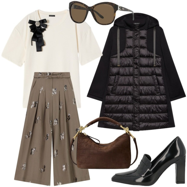 Outfit donna - Chic. Stile Chic per Serata fuori. Abbinamento con mocassini, pantaloni a palazzo, piumini, t-shirt, occhiali da sole, borse a spalla.