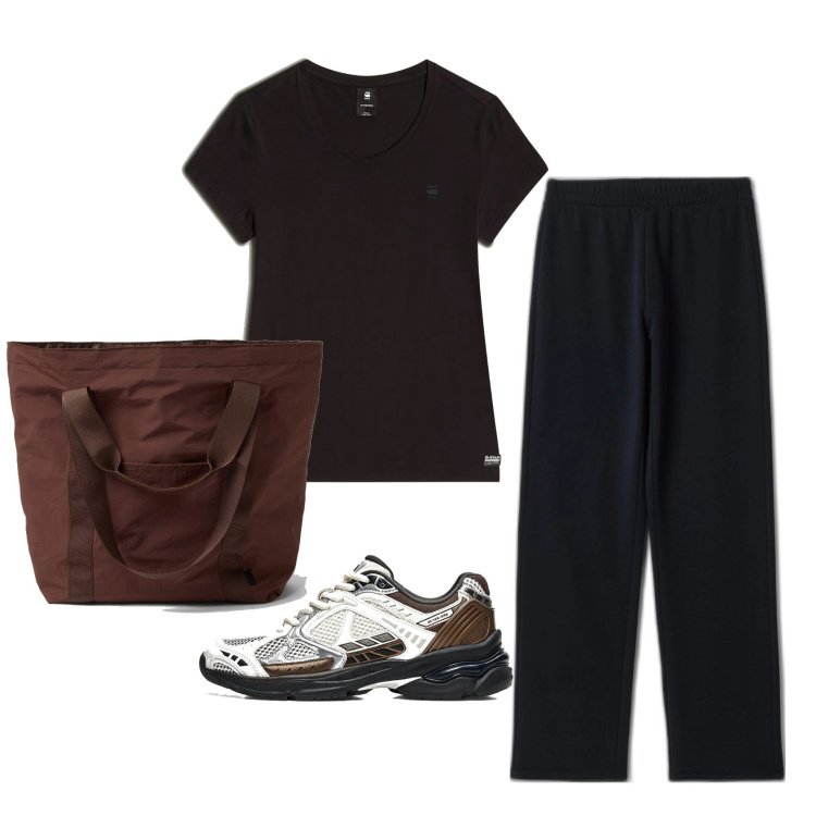 Outfit mujer - Basic look. Estilo Basic para Todos los días. Combinación con bolso shopper, top, sneakers, pantalones.