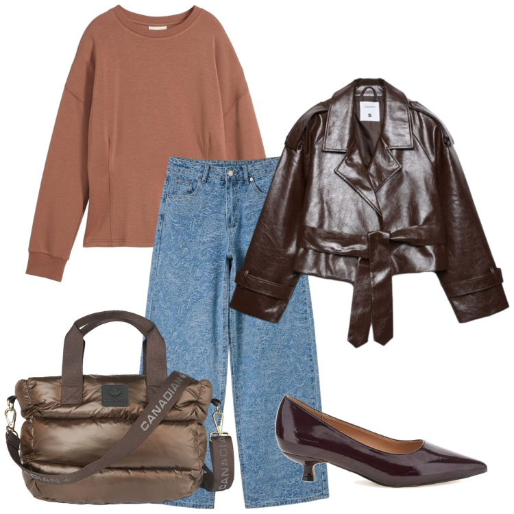 Outfit donna - Caffè e caramello. Stile Casual chic per Tutti i giorni. Abbinamento con borse a tracolla, jeans, trench, felpe, décolleté.