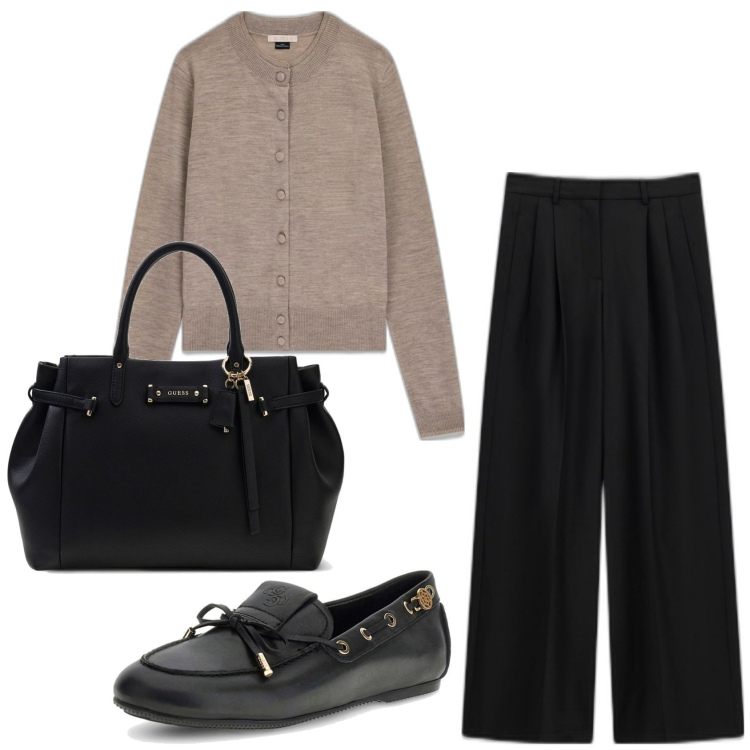 Outfit mujer - Bon ton look. Estilo Bon Ton para Oficina. Combinación con mocasines, bolsos de hombro, cárdigans, pantalones.
