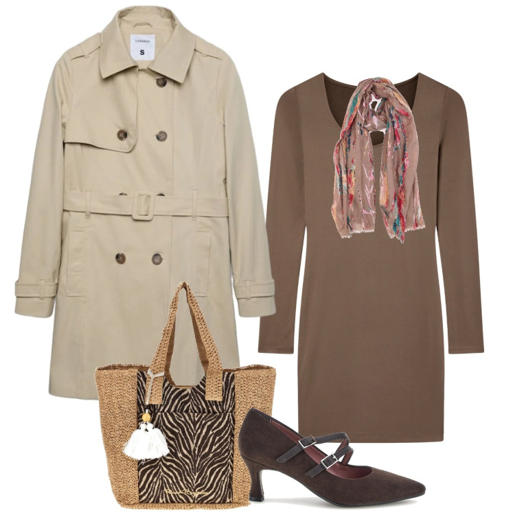 Outfit donna - Trench oversize: il gioco delle proporzi. Stile Bon Ton per Ufficio. Abbinamento con vestiti corti, trench, foulard, décolleté, borse a spalla.